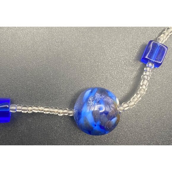 Sterling Silver 15" Necklace Artisan Cobalt Blue Art Glass Beads Minimalist Boho - Picture 6 of 7